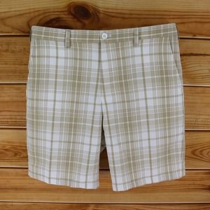 IZOD Golf Shorts Mens Sz 38 Beige White Plaid 100% Polyester Pockets Flat‎ Front